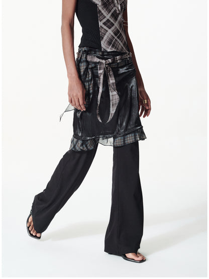 Contrast Plaid Ribbon-pieced Ruffled Skort