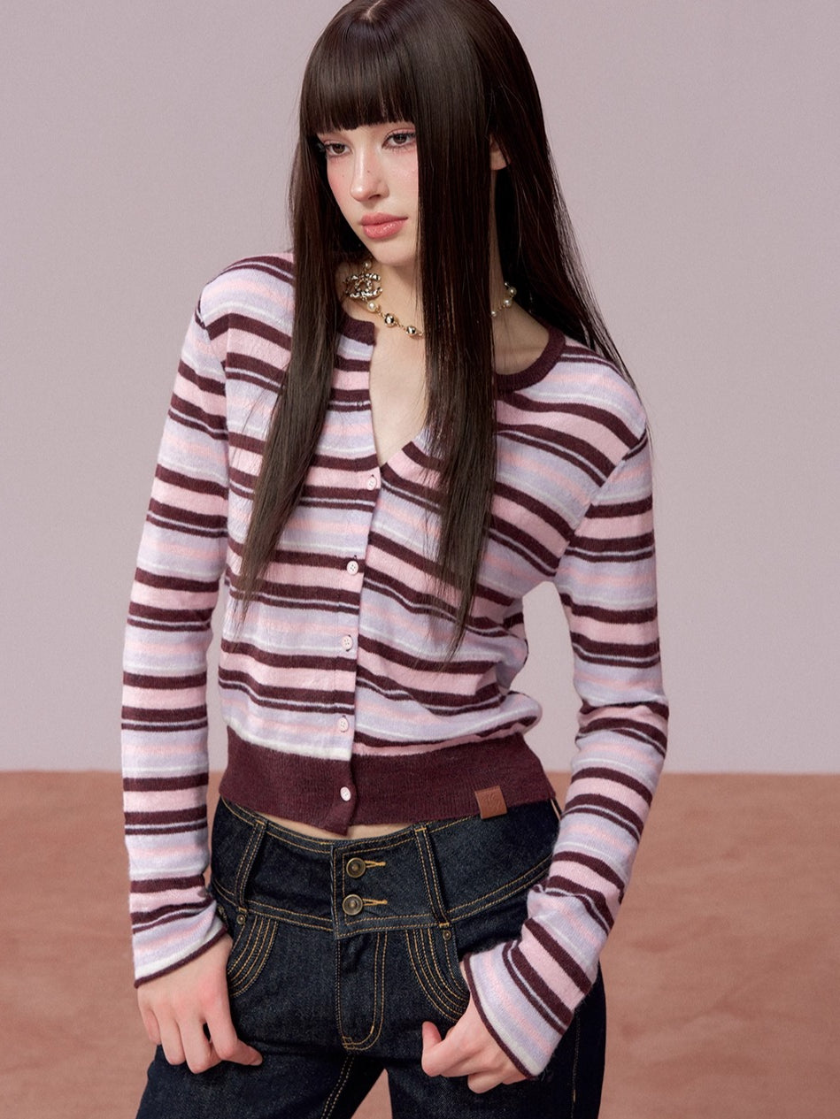 Contrast Striped Wool-Blend Knit Cardigan