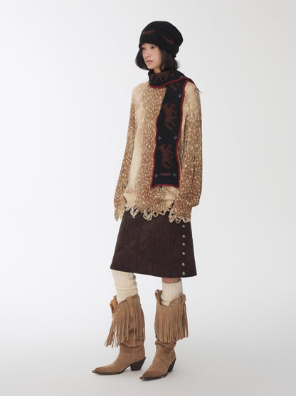 Vintage Deer Print Distressed Knit Sweater