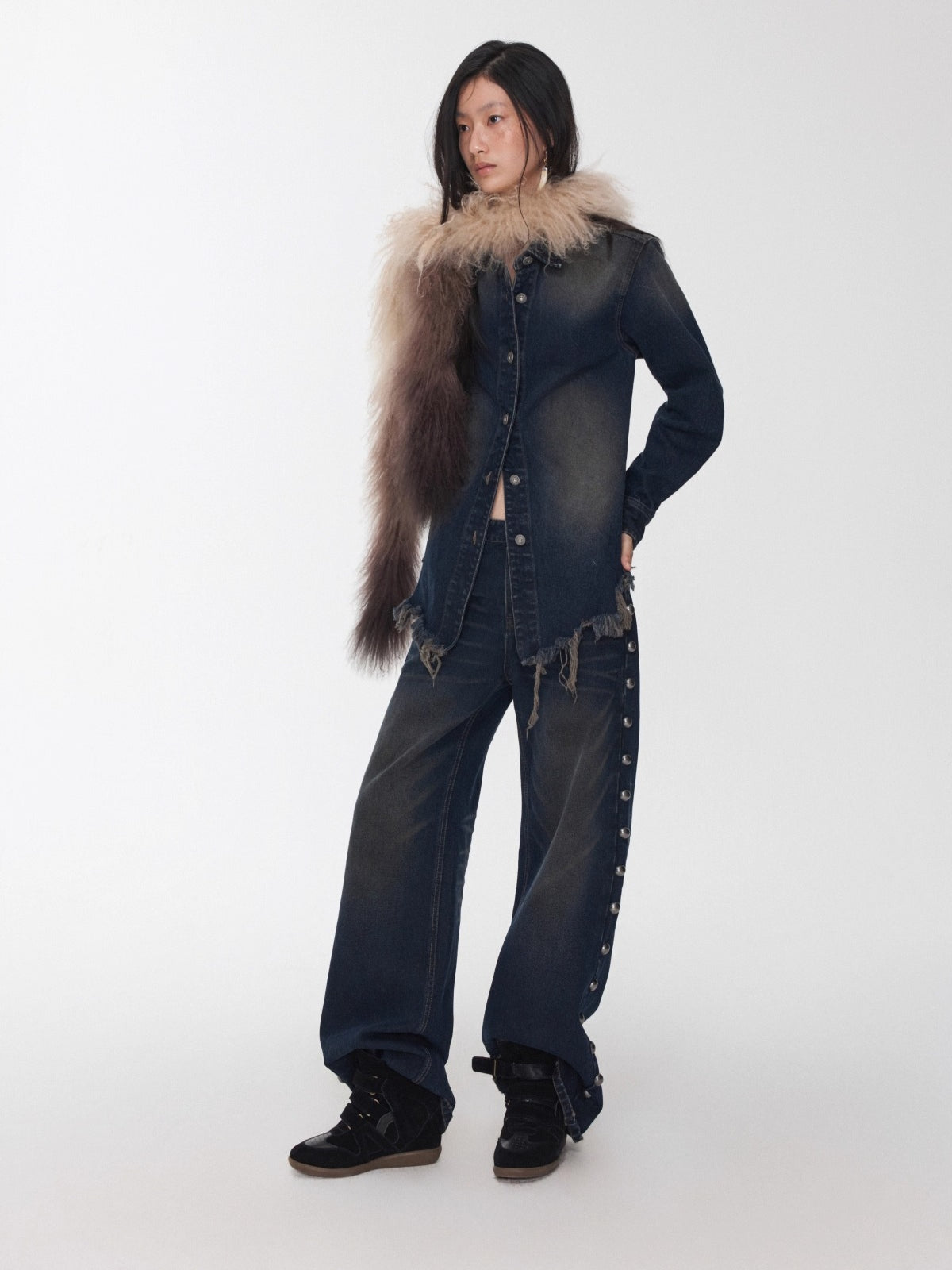 Ombre Shearling Wool Long Scarf