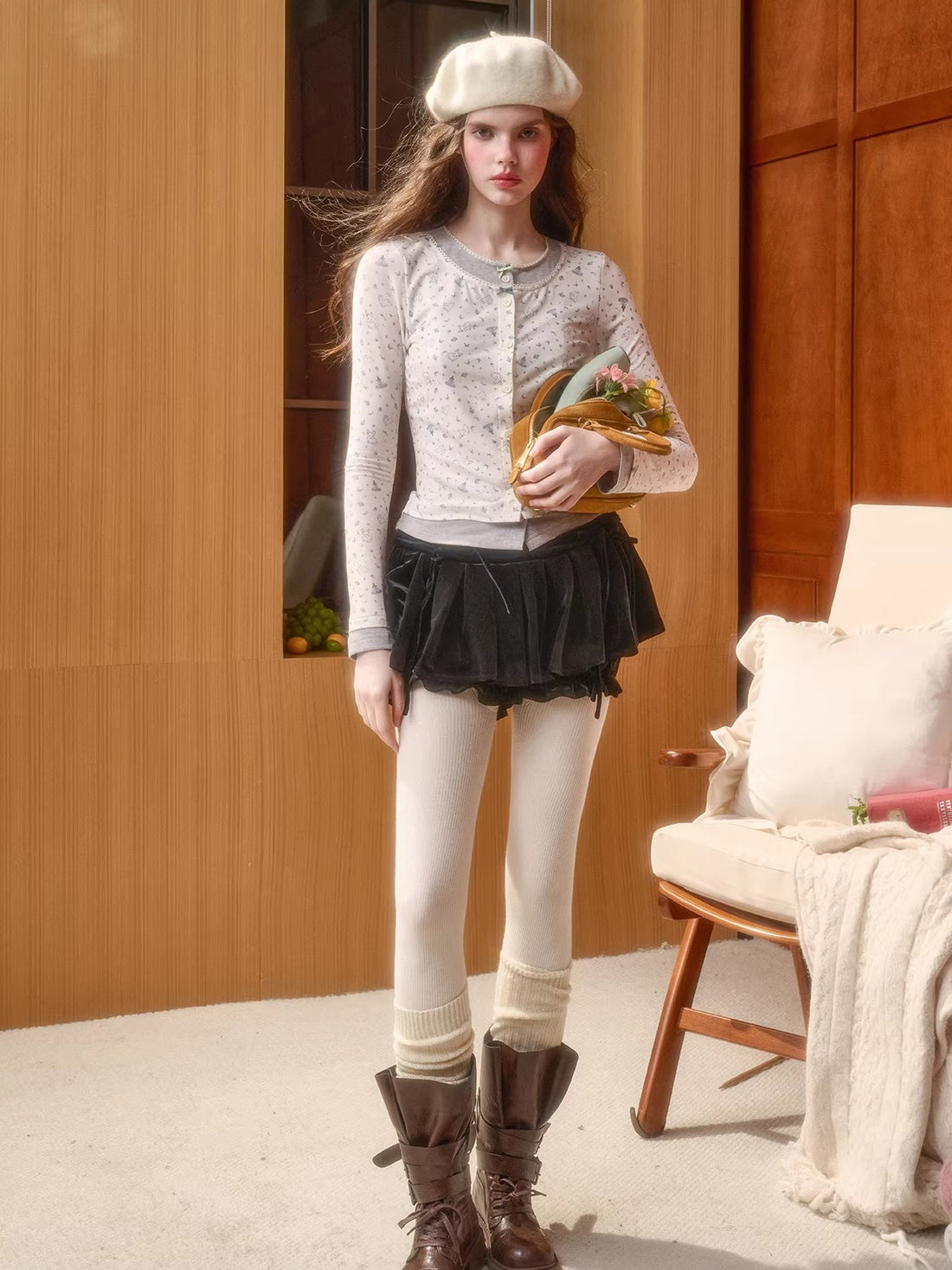 Cotton Layered-Effect Printed Cardigan