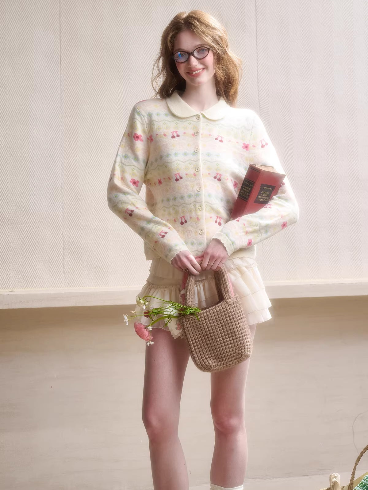 Jacquard Doll-Collar Knit Cardigan