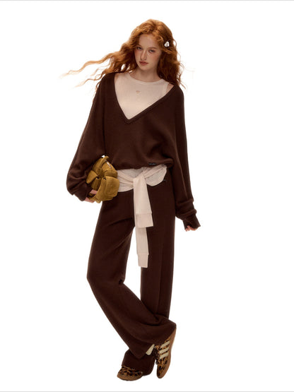 Waffle Knit V-Neck Pullover &amp; Tank Top &amp; Wide-Leg Pants Set