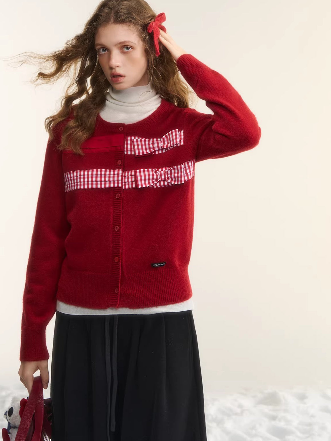 Vintage Checkered Patchwork Bow Knit Cardigan