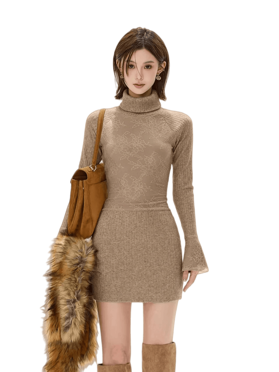 Lace High-Neck Knit Mini Dress