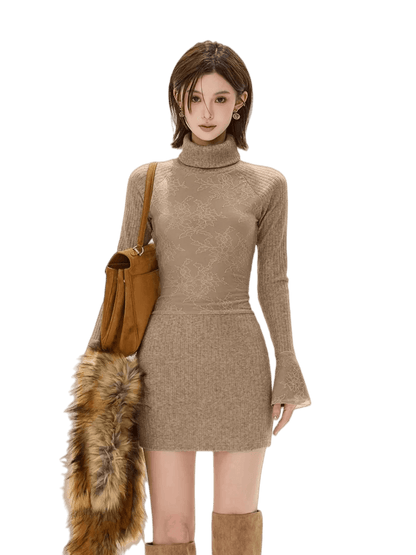 Lace High-Neck Knit Mini Dress