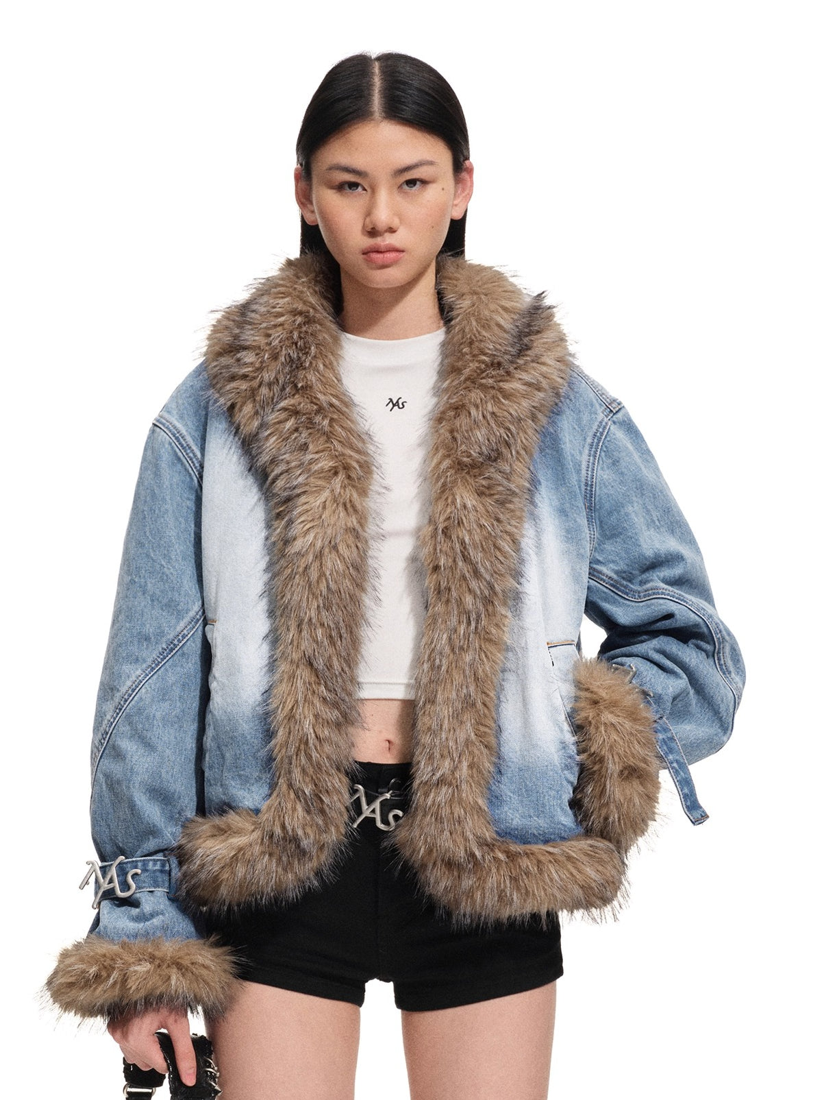 Faux-Fur Trim Washed Denim Jacket
