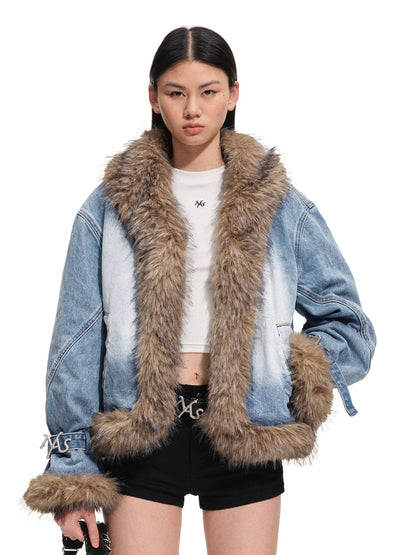 Faux-Fur Trim Washed Denim Jacket