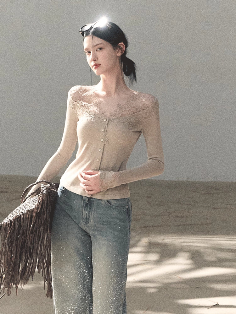 Sculpted Lace-Trim V-Neck Fitted Knit Cardigan