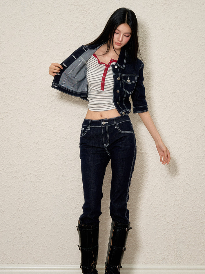 Color-Contrast Denim Jacket &amp; Pants Set