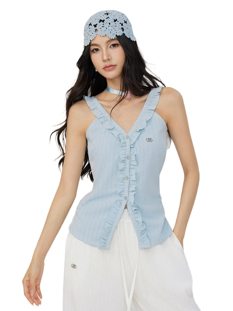 V-neck Lace Ruffled Vest