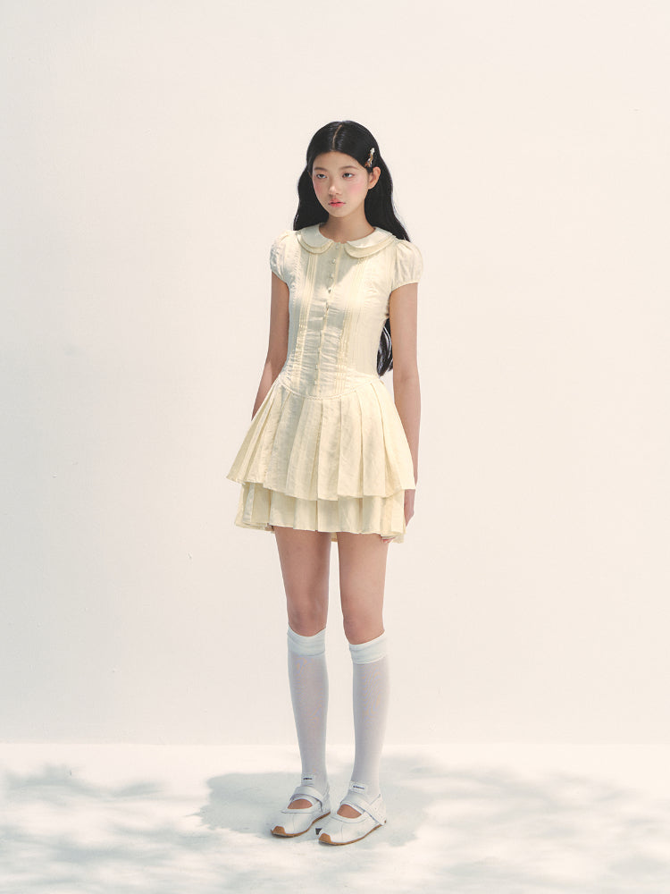 Doll Collar Waist-Cinched Pleated Shirt Dress