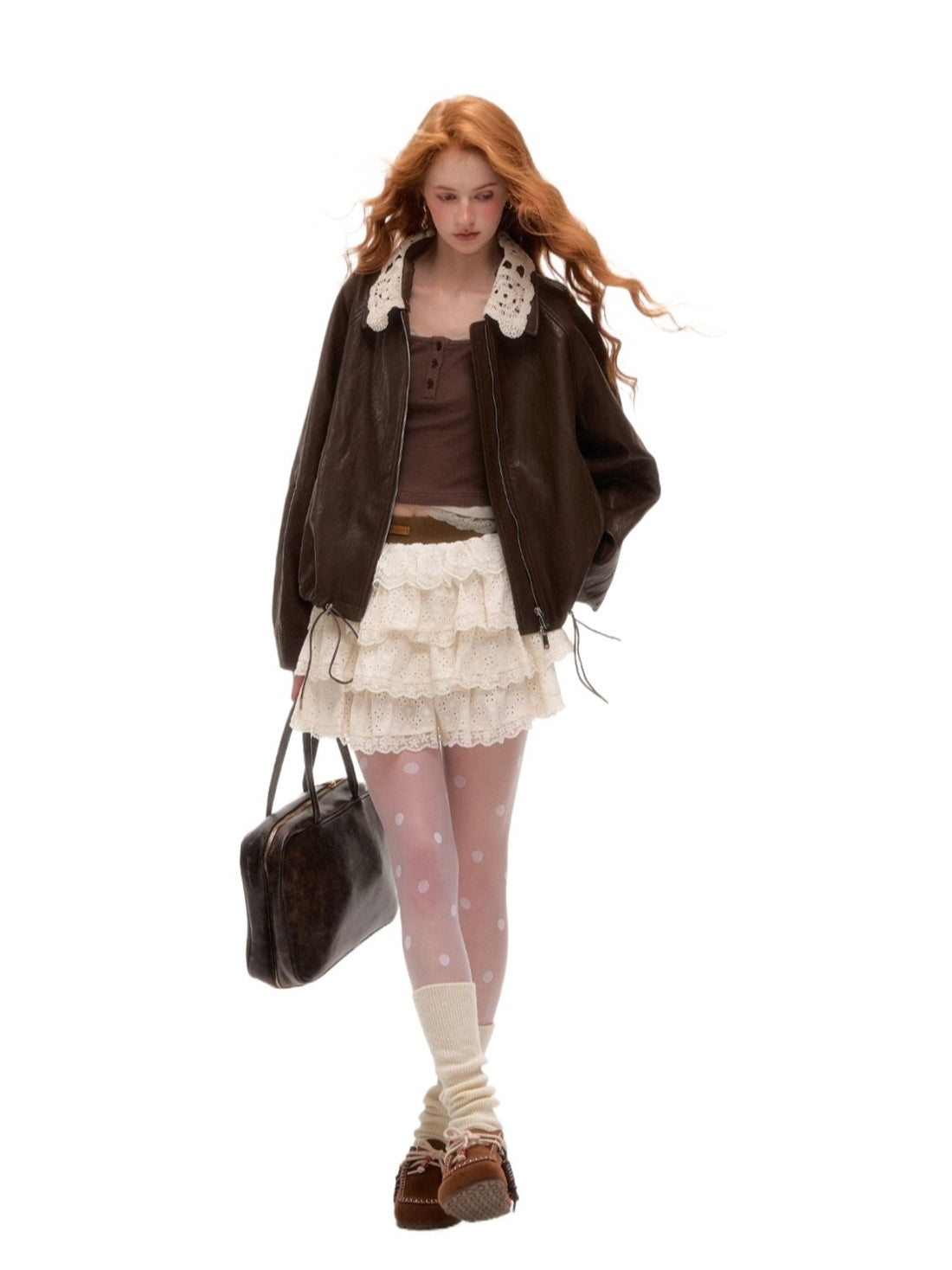 Detachable Collar Zip-Up Leather Jacket