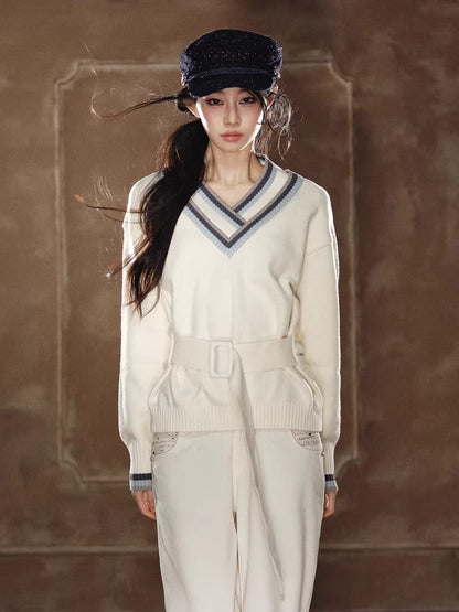 Contrast Double-V Neck Relaxed Knit Sweater