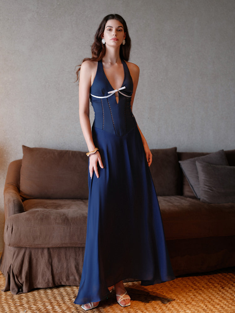 French V-Neck Halter Midi Dress