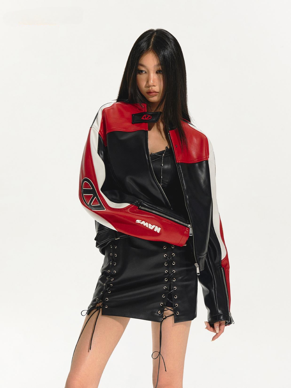 Embroidered Zip Short Contrast-Color Moto Jacket