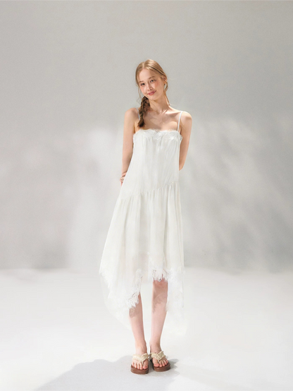 Asymmetric Lace-Trim Slip Midi Dress