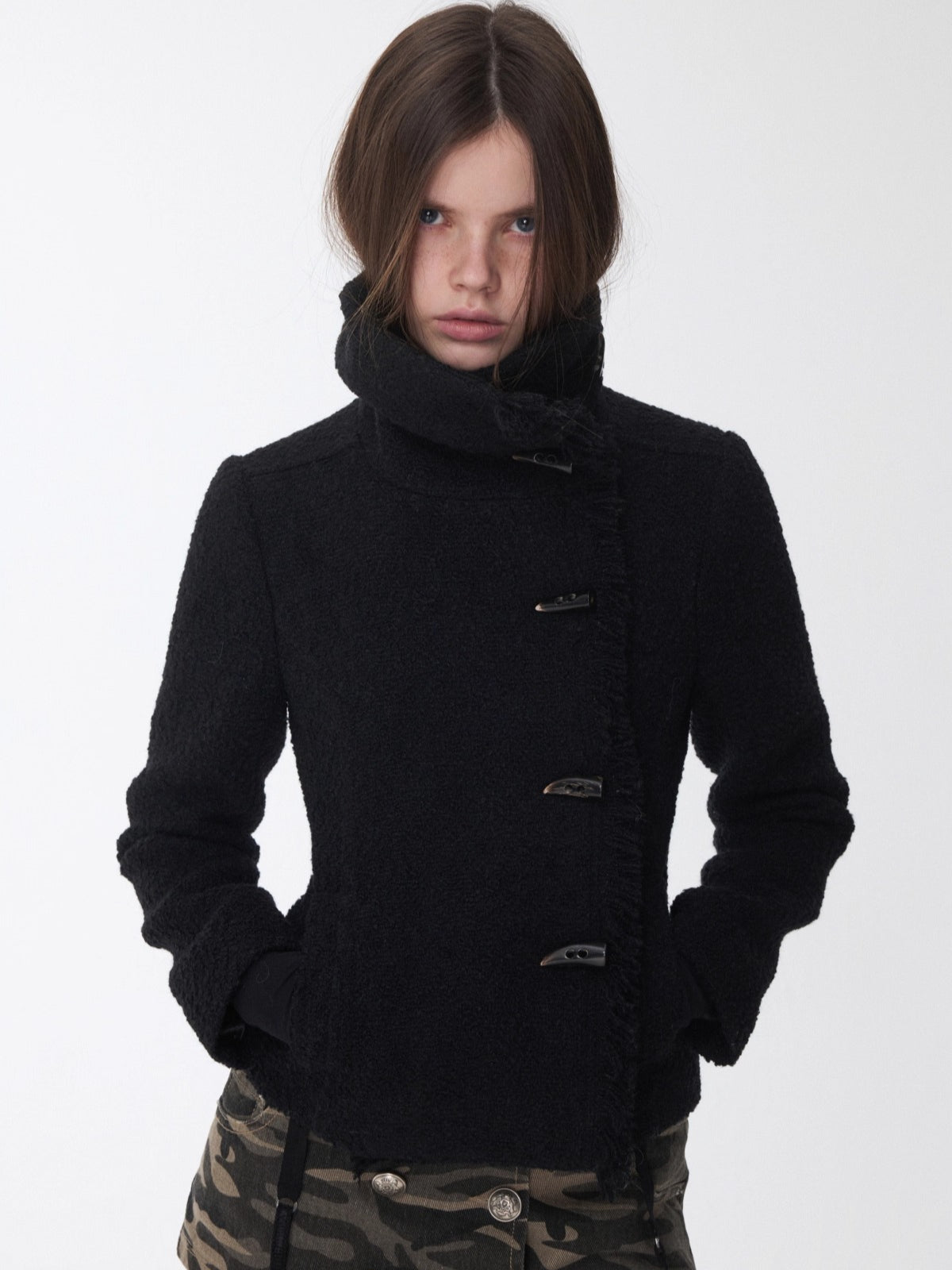 Wool Blend Horn Button High-neck Jacket