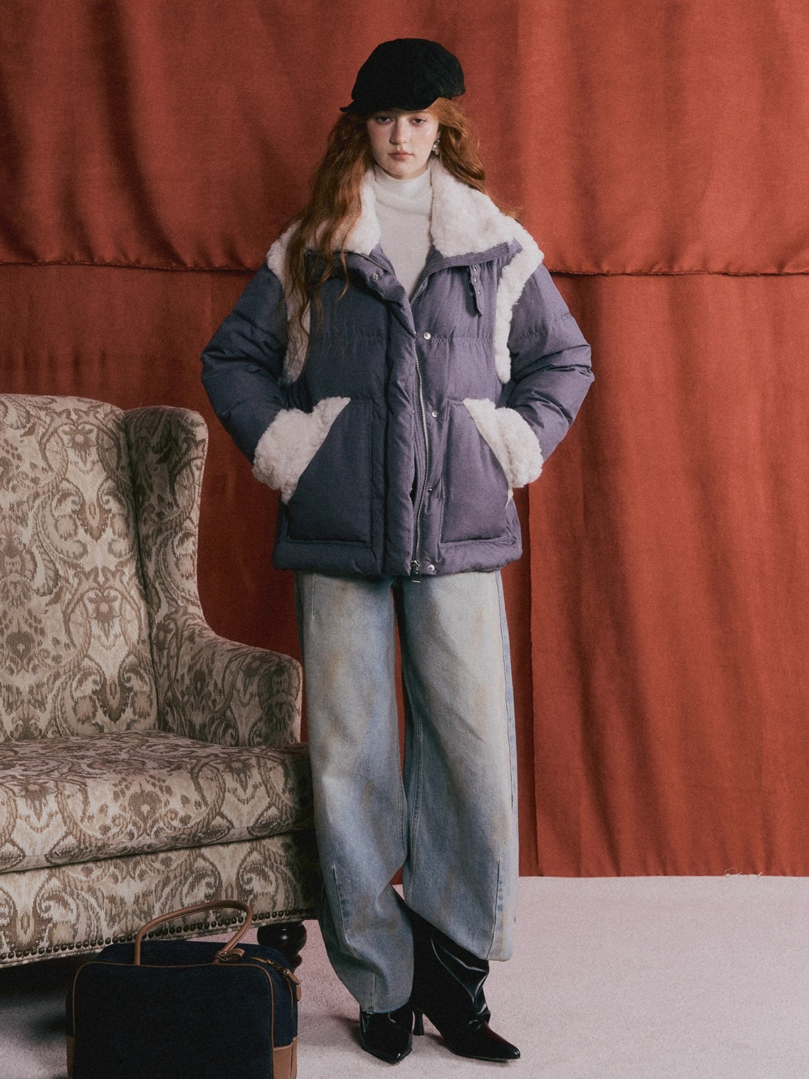 Faux Shearling Panel Down Jacket