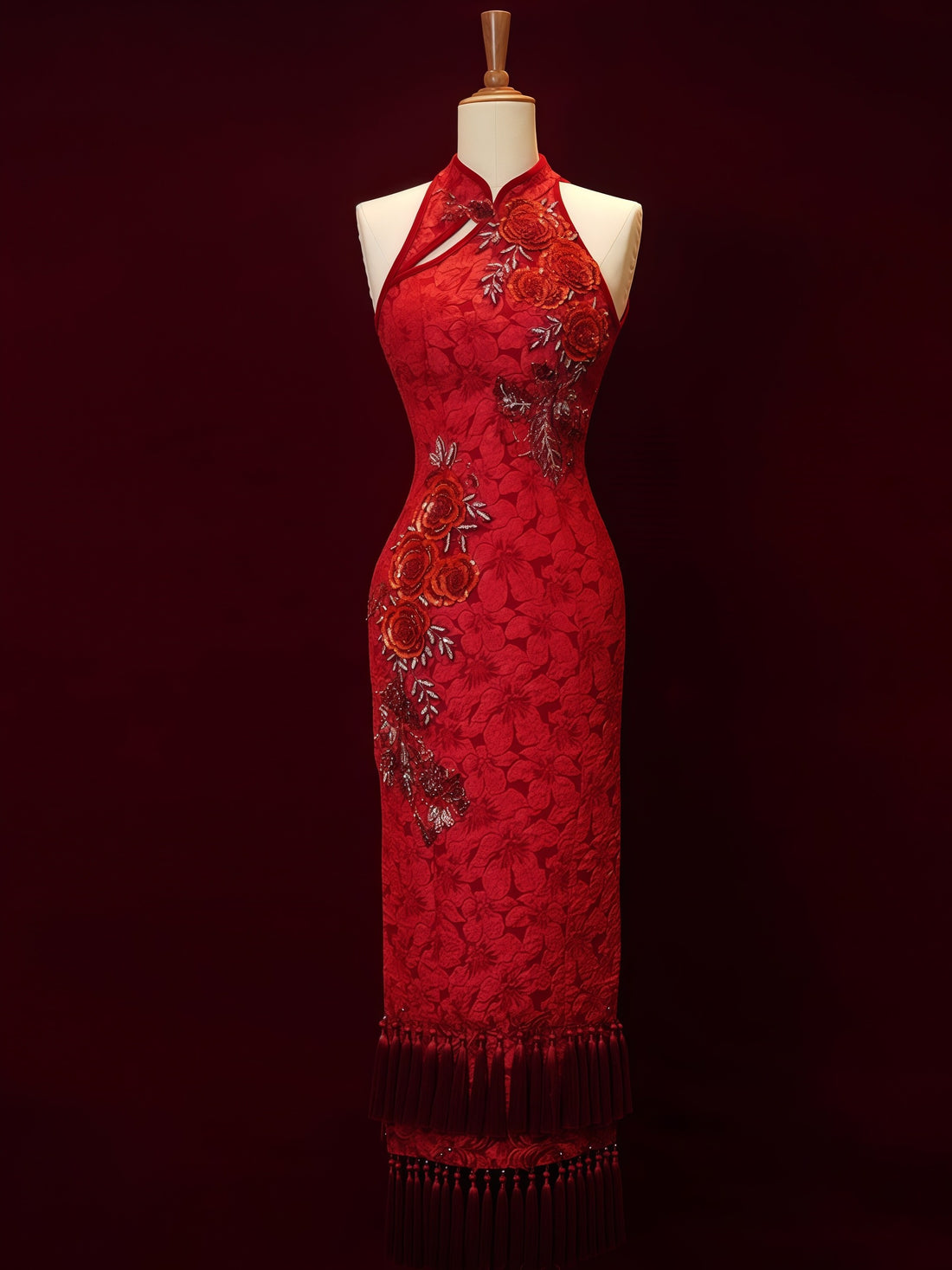 Crimson Floral Embroidered Halter Cheongsam Dress