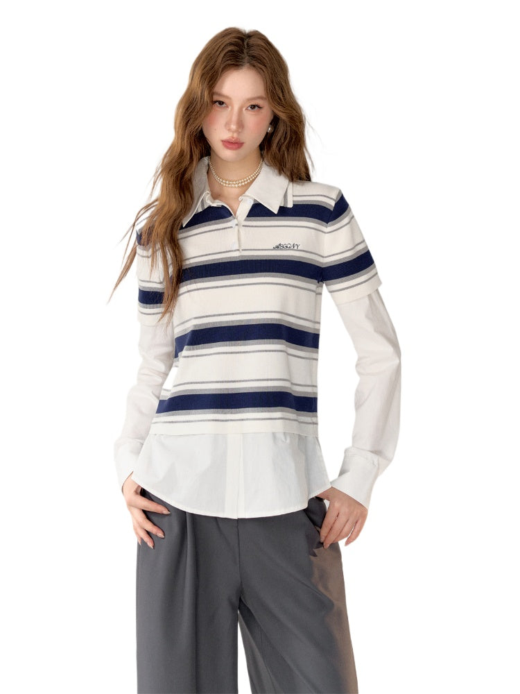 Fake Two-Piece Long Sleeve Polo Shirt