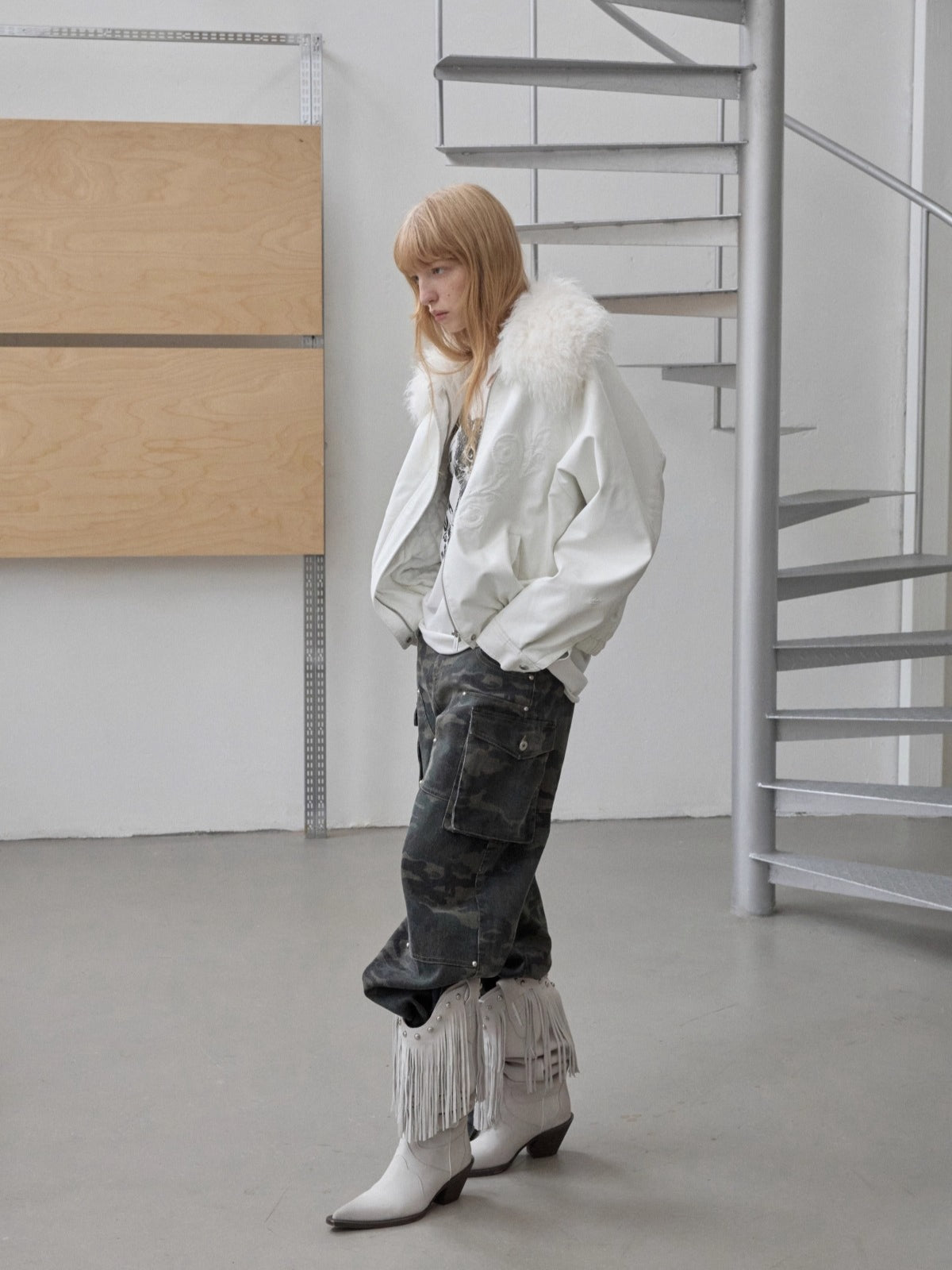 Washed Camouflage Multi-Pocket Cargo Wide-Leg Pants