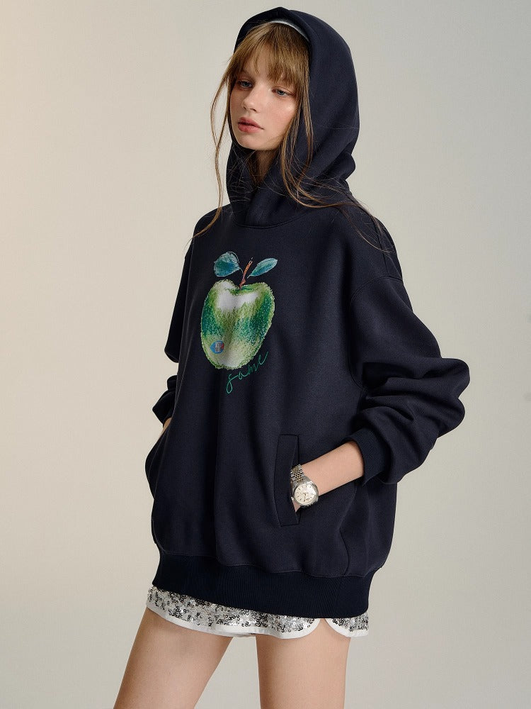 Light Gray &amp; Navy Blue Green Apple Print  Hoodie