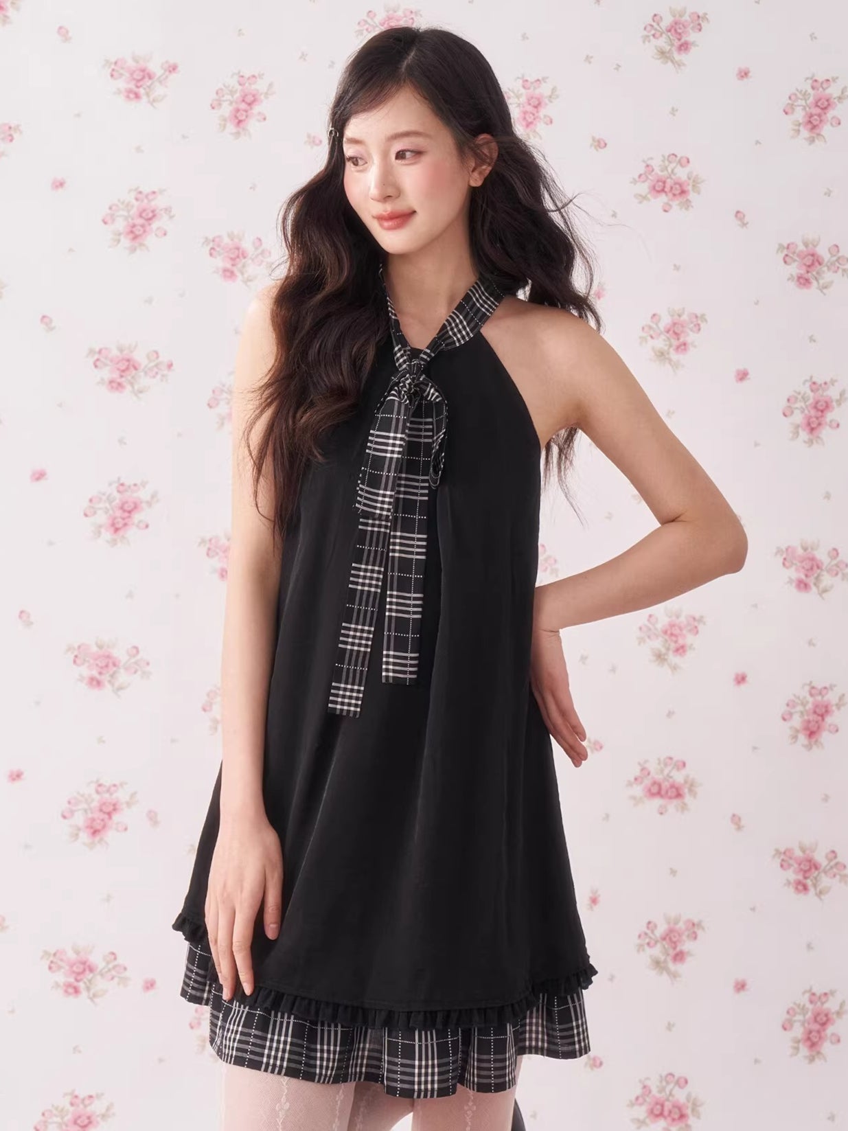 Vintage Plaid Halter Ruffle Dress