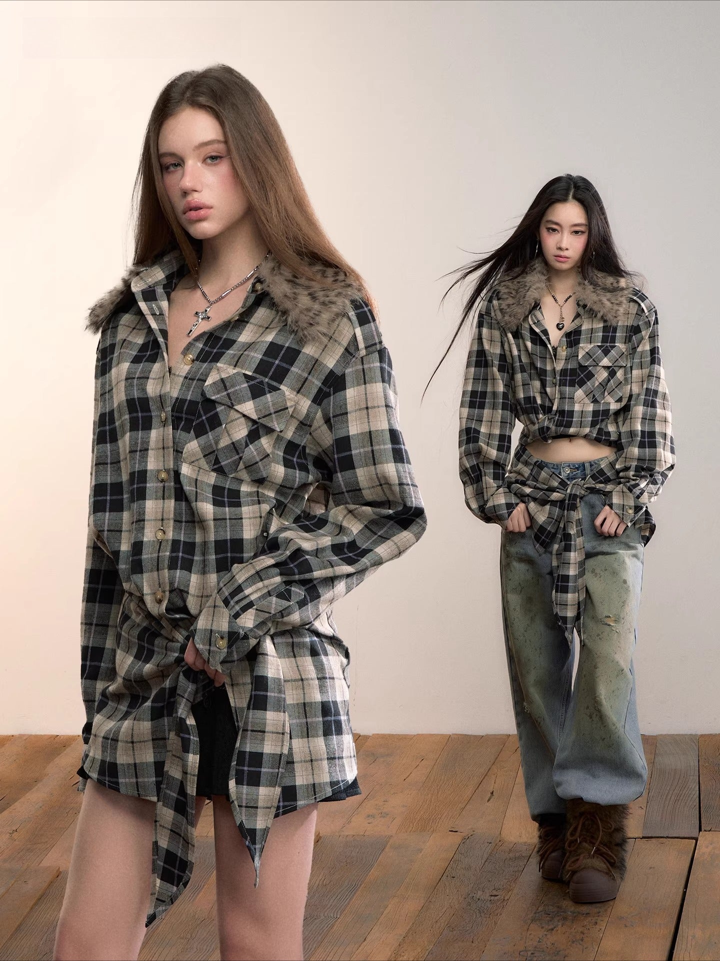 Plaid Detachable Fur Collar Two-Piece Shirt Set