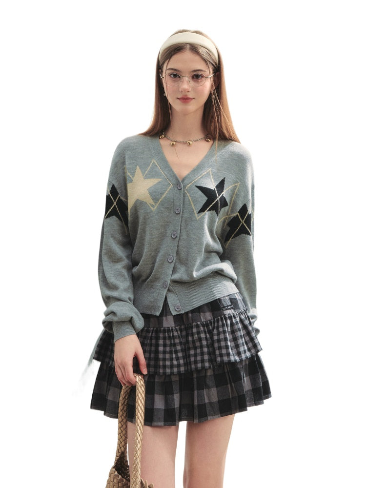 Single-breasted Star Argyle Knit Cardigan - CHINASQUAD