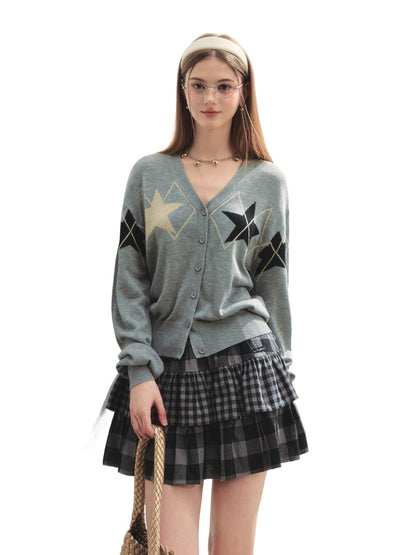 Single-breasted Star Argyle Knit Cardigan - CHINASQUAD