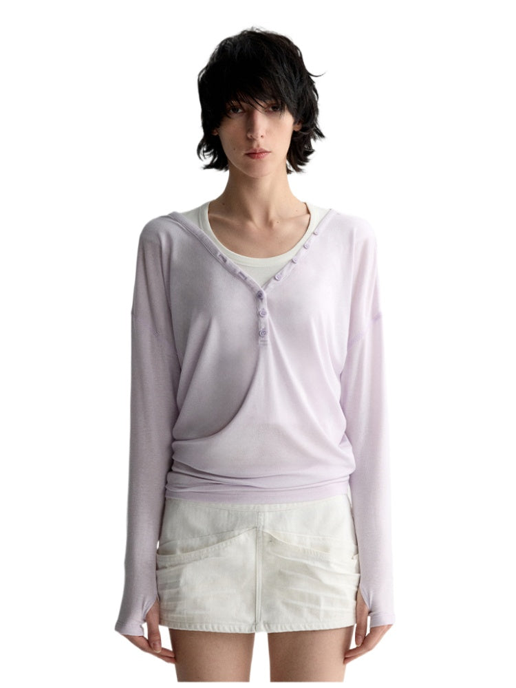 Tencel Linen V-neck Long Sleeve T-shirt