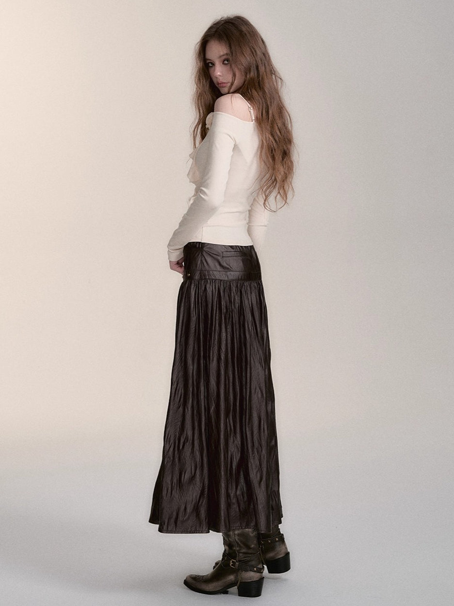 Dark Coffee PU Midi Skirt