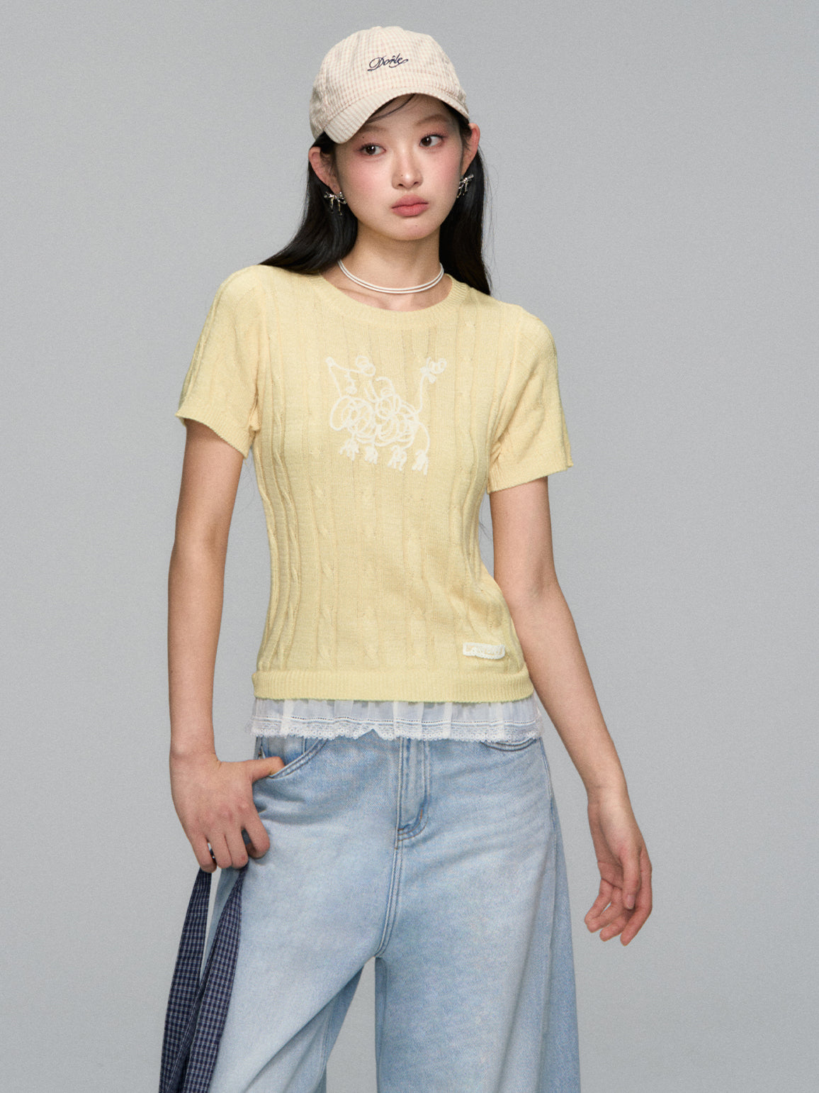Dog Embroidered Cable Knit T-shirt