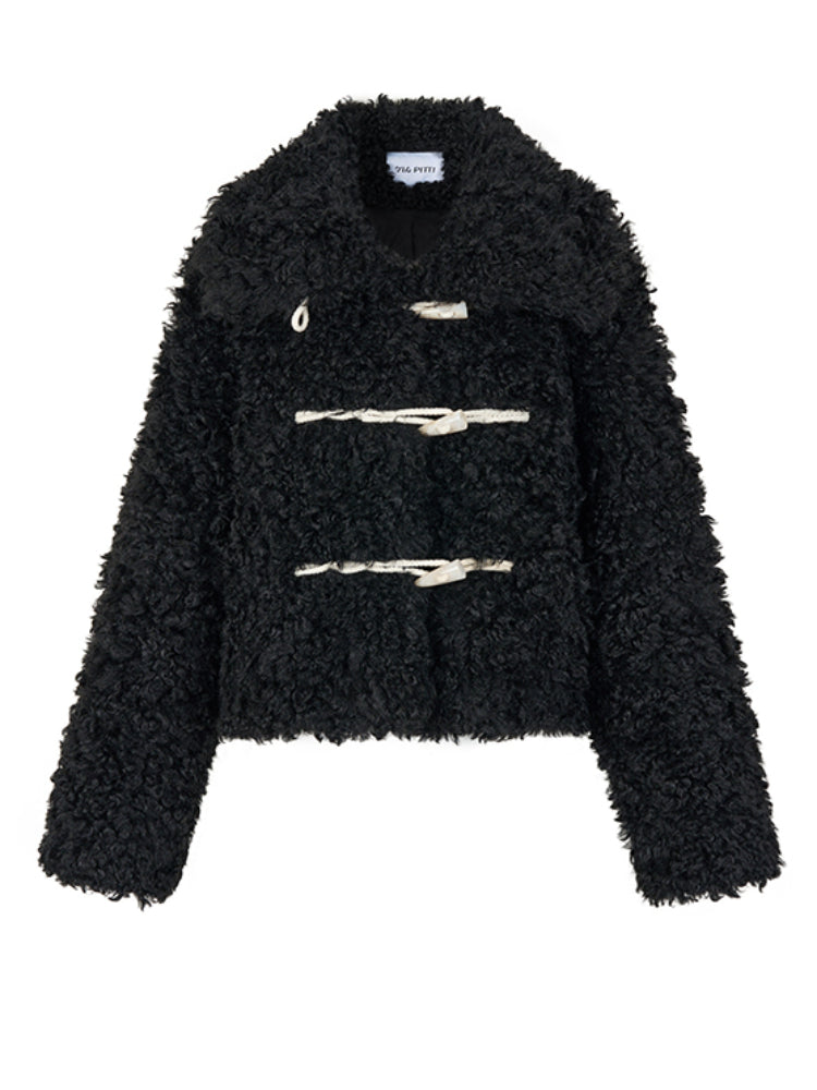 Horn Button Curly Fur Thick Short Jacket