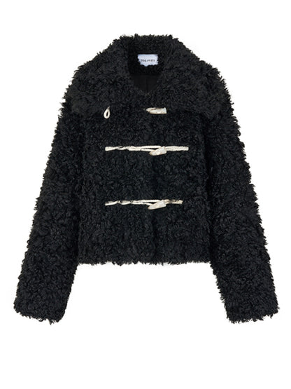 Horn Button Curly Fur Thick Short Jacket