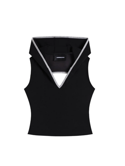 V-Cutout Hooded Sleeveless Trim Top In Black