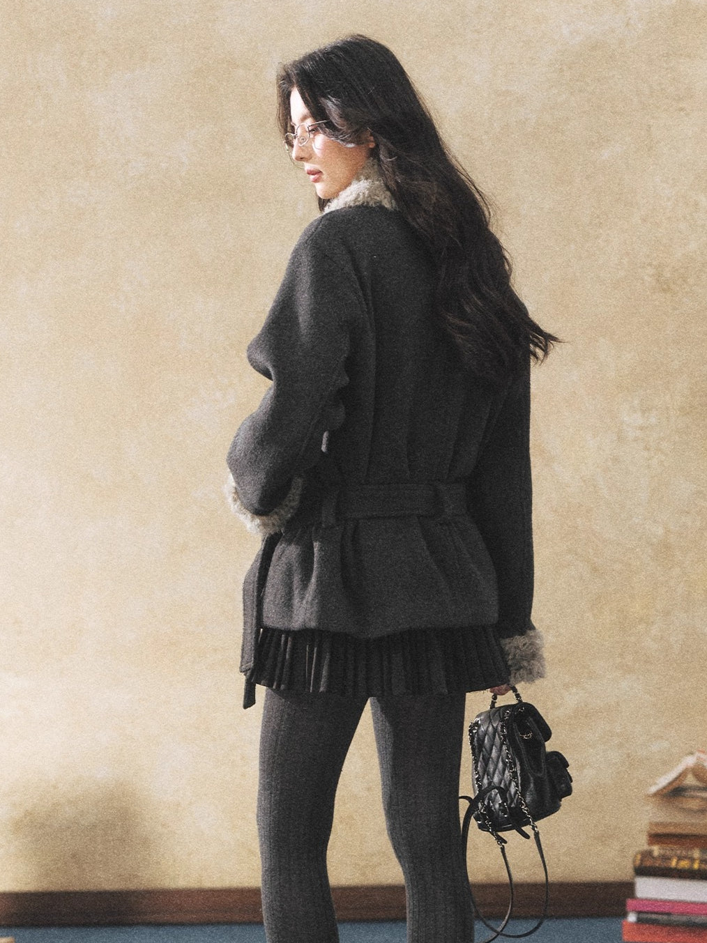 Fur Collar Tie-Waist Wool-Blend Jacket