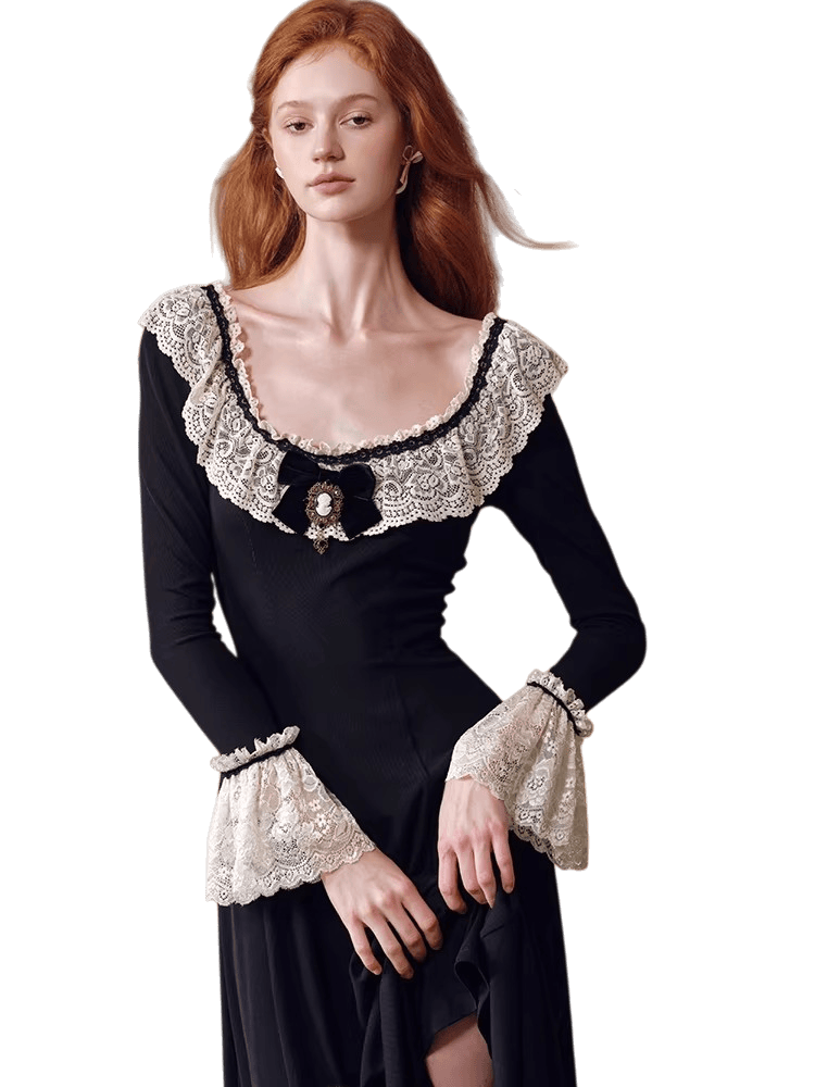 French Pastoral Black Knit Long-Sleeve Dress