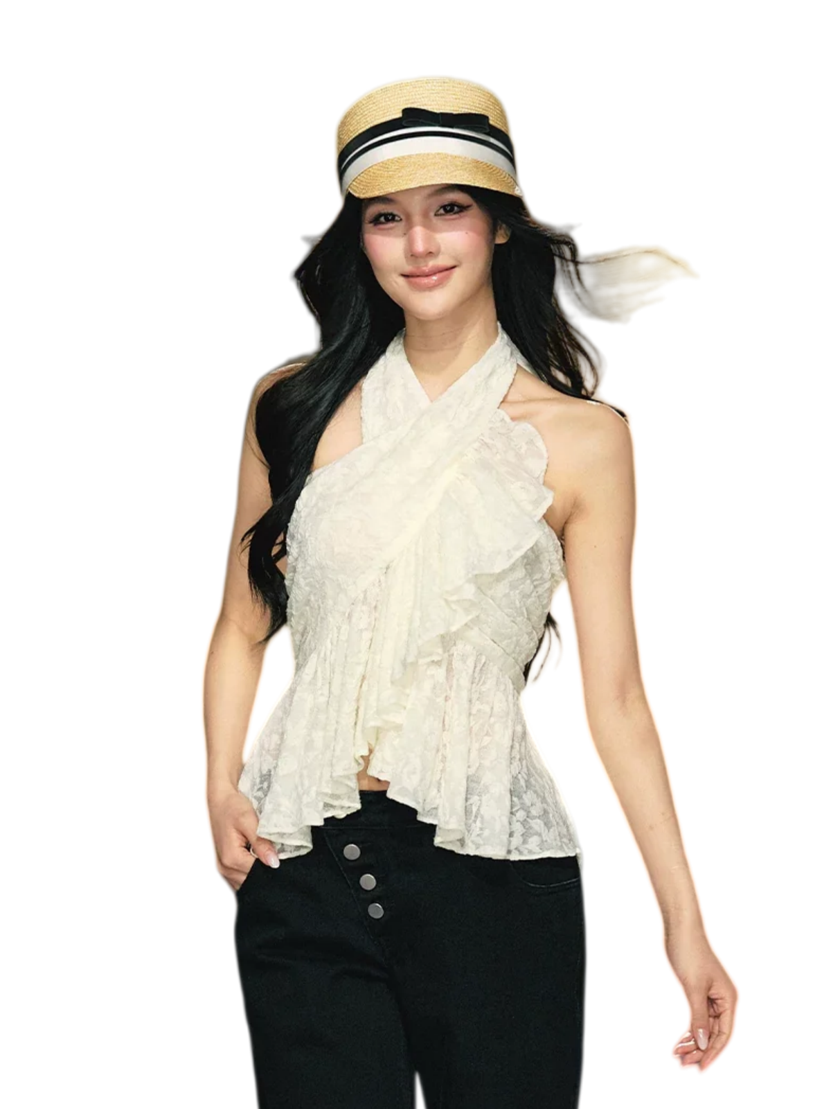 Lace Crisscross Halter Ruffle Top