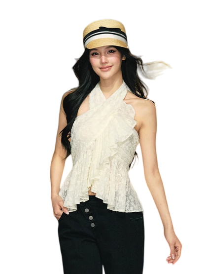Lace Crisscross Halter Ruffle Top