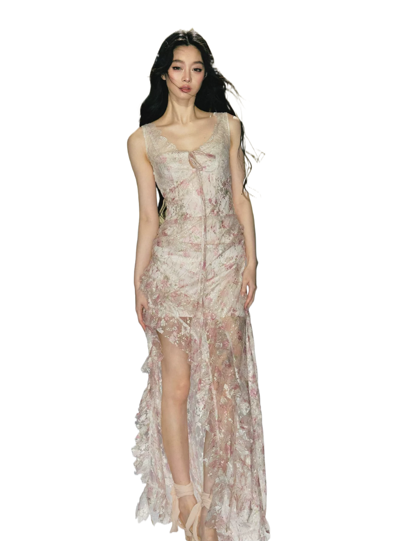 Misty Blush Lace-Panel Slip Maxi Dress