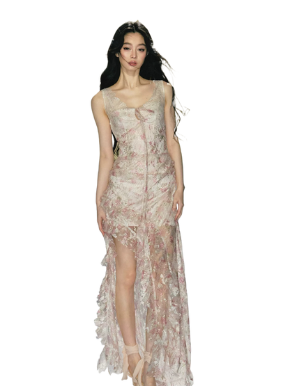 Misty Blush Lace-Panel Slip Maxi Dress