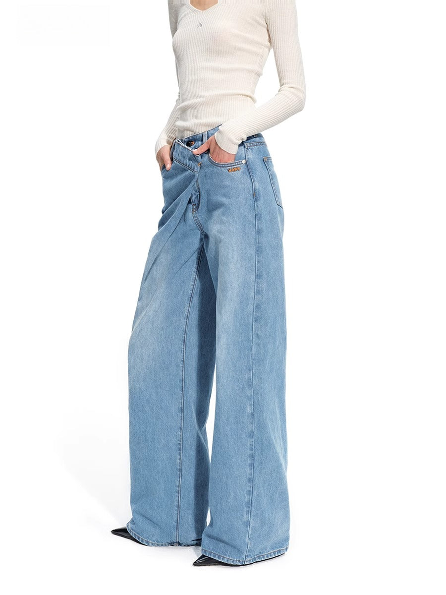 Sailor-Inspired Washed Twill Denim Low-Rise Straight Jeans