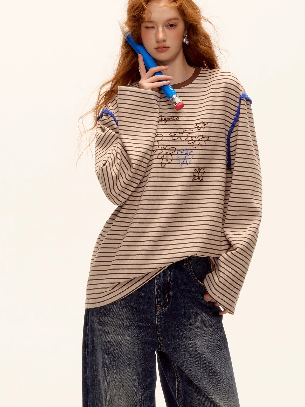 Striped Contrast Embroidered Shell T-Shirt