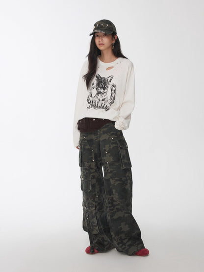 Vintage Cat &amp; Dog Print Distressed Long-Sleeve Tee - CHINASQUAD