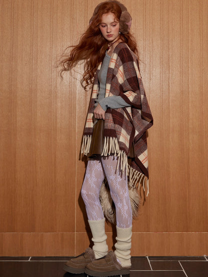 Vintage Plaid Fringe Shawl Scarf