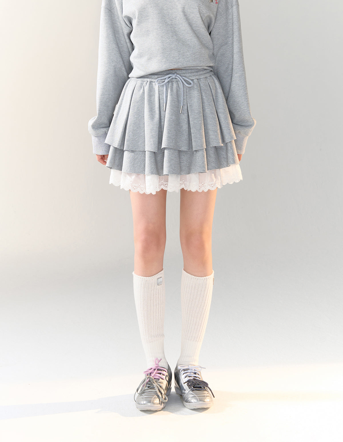 American College Style Polo Collar Sweatshirt &amp; Skirt Set