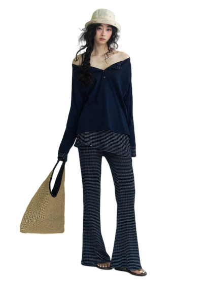 Patchwork Striped Henley T-Shirt &amp; Pants Set