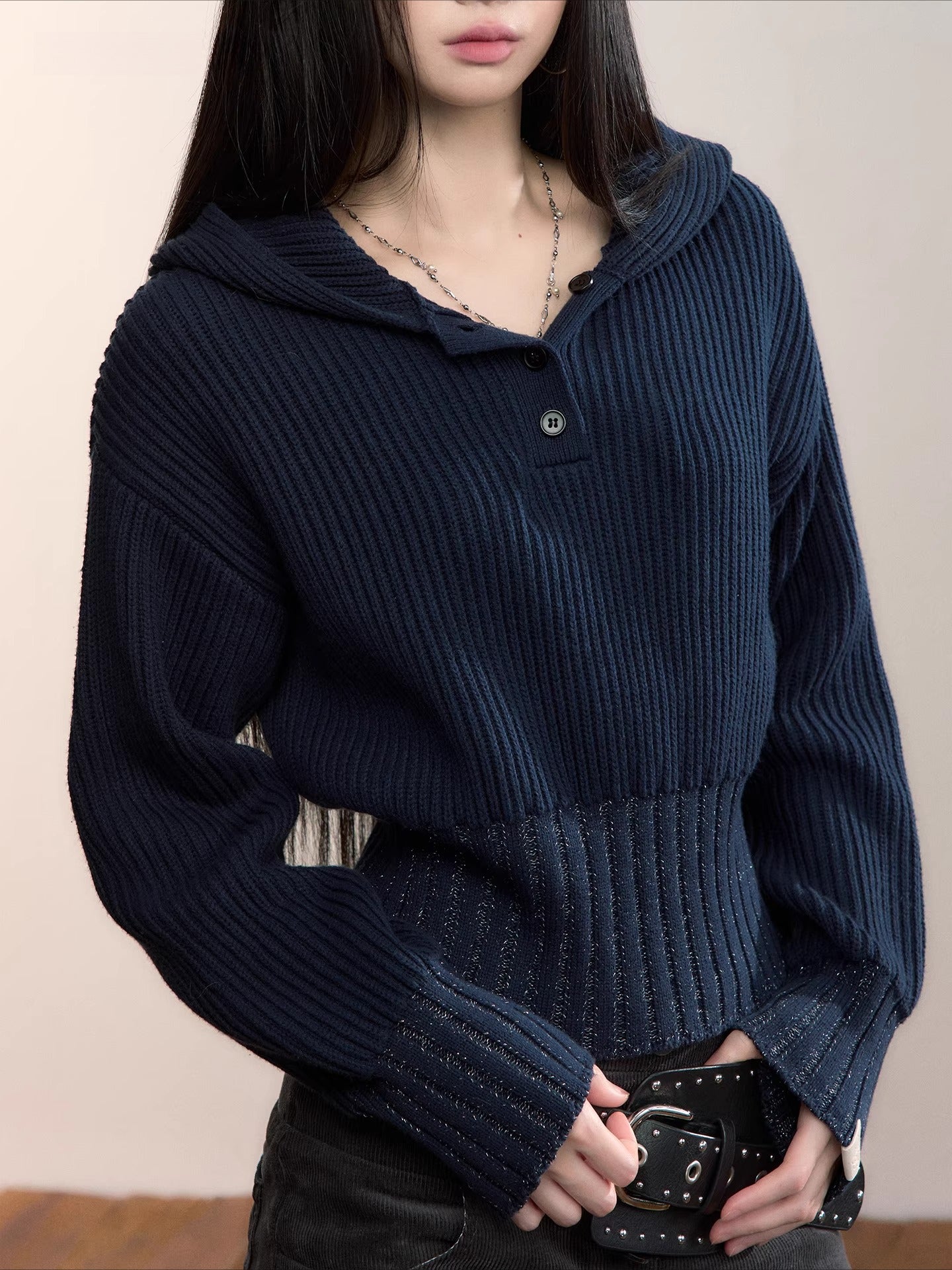 Ribbed Hooded Knit Pullover Sweater
